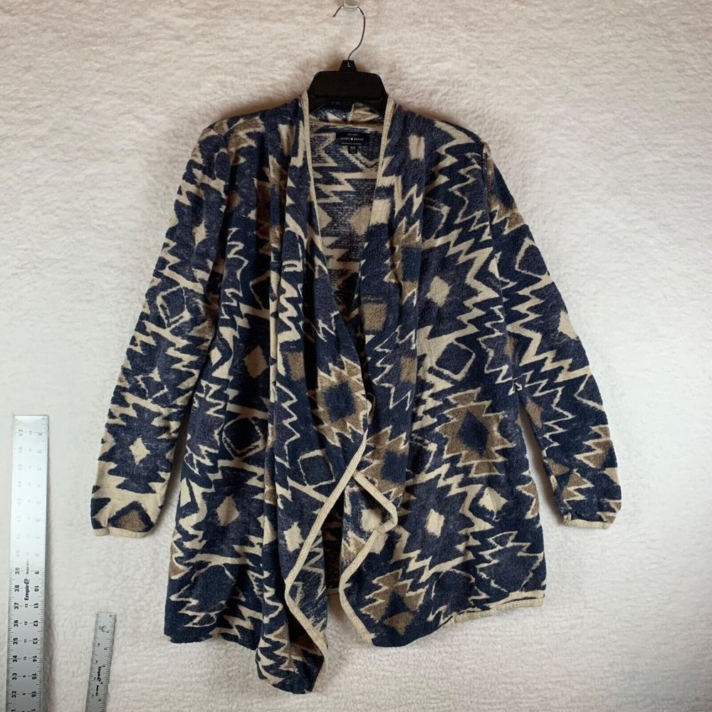 Lucky Brand Women's Blue Aztec Drape Open Front‎ Cardigan Sweater Size M 8484